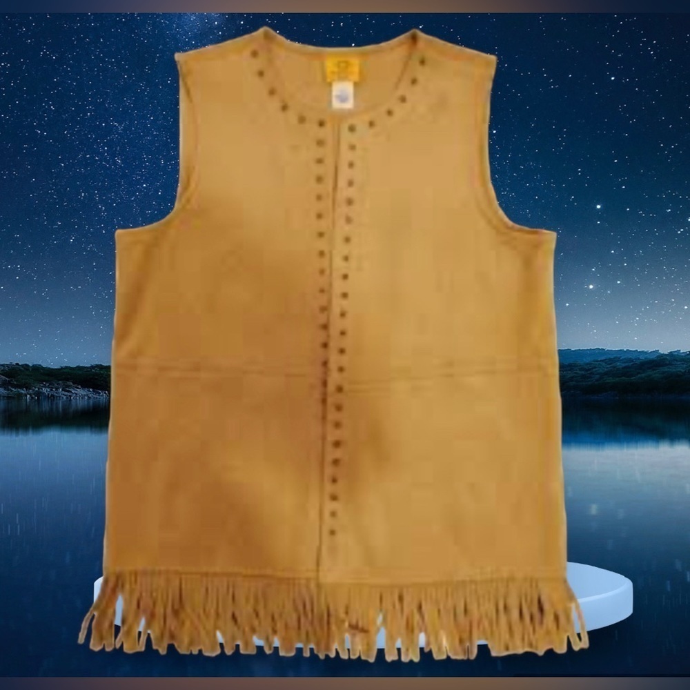 Ruby Rd Suede Fringe Studded tunic Women Brown Faux Open Front Western Regular L